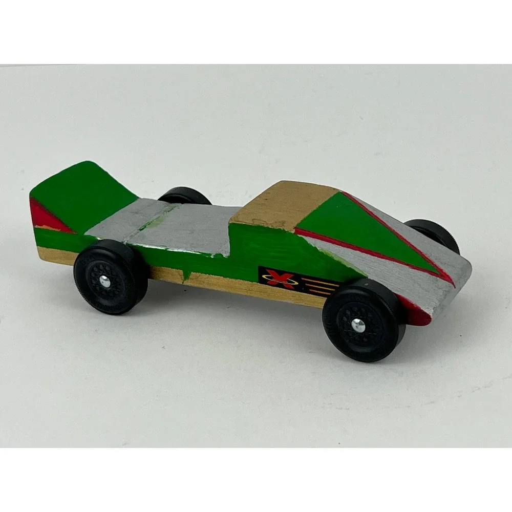 Pinewood Derby Wooden Race Car Green Silver Painted Handmade Cub Scouts VTG